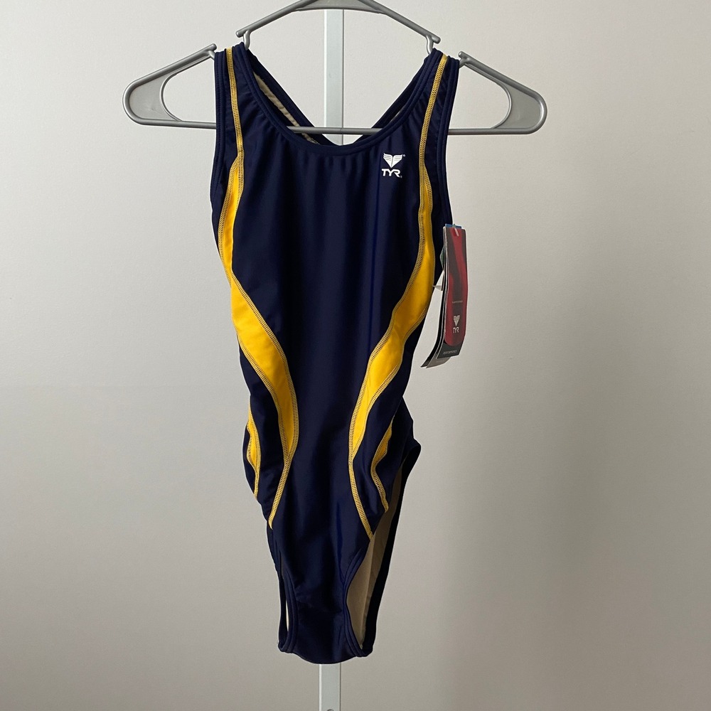 TYR Beach One Piece 30/6 Blue Yellow Performance Maxback Swimsuit NWT Racing
